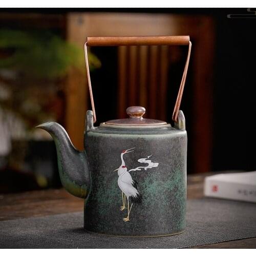 Chinese style handle pot ceramic retro tea set single pot simple teapot stoneware copper handle soaking teapot