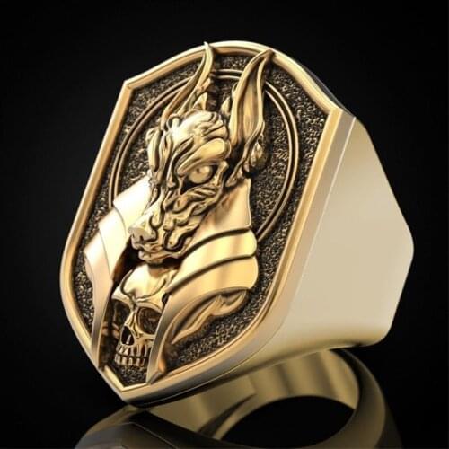 Ancient Egyptian Mythology Grim Reaper Anubis Ring Retro Jackal Head Human Body Plated 18k Gold Mens Ring