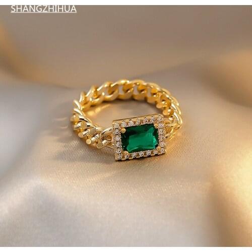 Korean Fashion Luxury Green Gem Metal Chain Gold Rings For Woman 2021 Neo Gothic Girls Unusual Jewelry Wedding Accessories