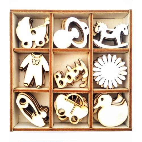 Box of 45 Assorted Mini Wooden Baby Shapes Craft Embellishments Baby Shower 1st Birthday Decorations Favors