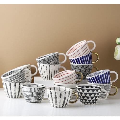 Creative Geometric Ceramic Mugs With Gold Handle Handmade Coffee Cups Irregular Shaped Tea Milk Mug Cup Unique Gifts Home Decor