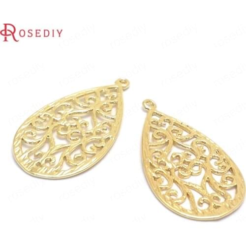 37702)10PCS 15x29MM 24K Gold Color Brass with Pattern Drop Shape Charms Pendants Jewelry Making Supplies Findings Accessories