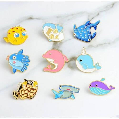 Sea Creatures Enamel Pins Funny Cute Shark Taiyaki Whale Puffer Fish Octopus Dolphin Hammerhead Shark Brooches Ocean Jewelry
