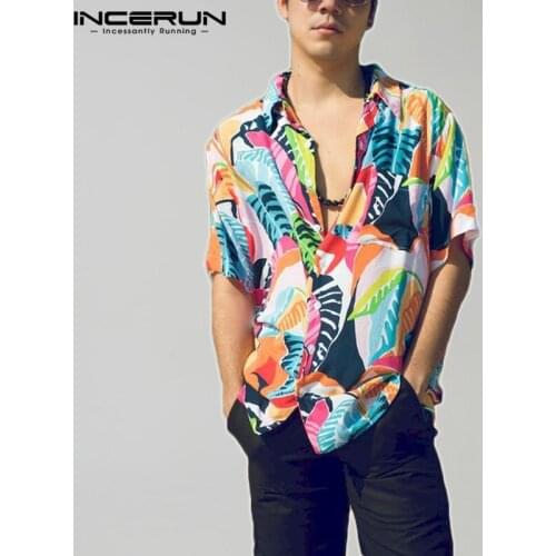 Mens Printing Hawaiian Shirt Beach Short Sleeve Breathable Lapel Button Casual Blouse Streetwear Loose Camisas INCERUN S-3XL