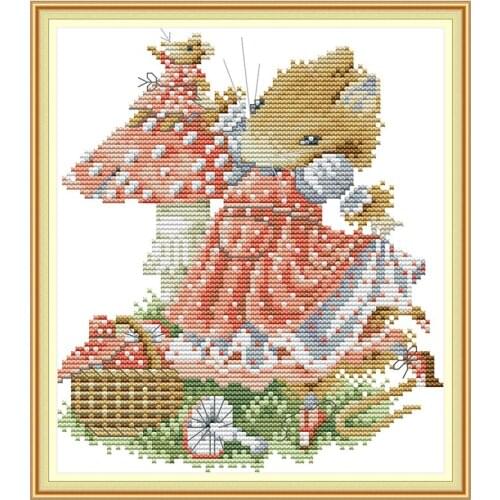 A Mouse Picking Mushrooms Cross Stitch Package Sets Canvas Kit Embroidery DIY Handmade Needlework Print Counted Pattern Decor
