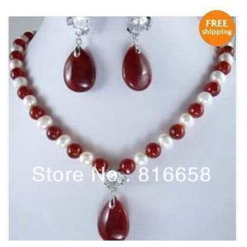 New red jade and white pearl Jewelry pendant Necklace Earing Set