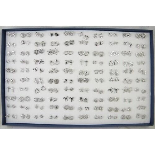 Wholesale 100Pairs Classic Womens Gilrs Mixed Design Silver Plated Stud Earring Girls Gift