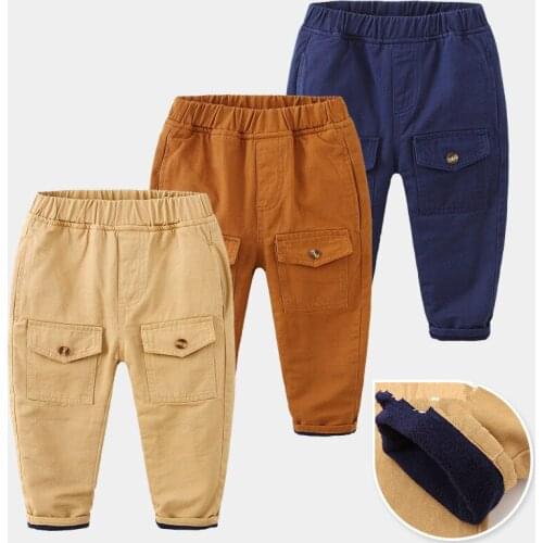 2-7 Years Baby Boys Pants 2020 Autumn Winter New Kids Casual Warm Trousers Korean Solid Pocket Plus Velvet Cargo Pants for Boy