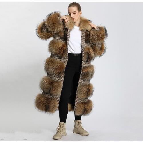 Fur Coat Winter X-Long Windproof Warm Woolen Natural Raccoon Fur Jacket Overknee Women MJF-FC-40