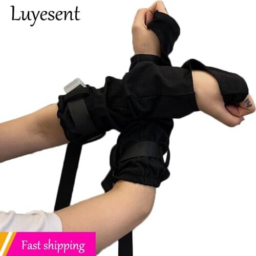 Cool Black Punk Unisex Fingerless Gloves Adjustable Cuff With Plastic Buckle Ninja Elbow Length Gothic Mittens Lady Arm Warmer