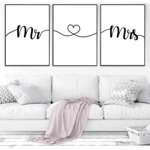 Love Phrase Mr Mrs Posters Prints Black and White Canvas Painting Nordic Living Room Bedroom Wall Art Pictures Home Decoration