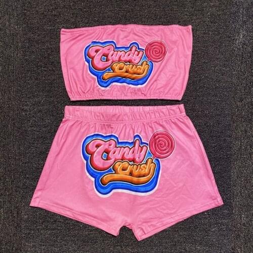 NEONBABIPINK Candy Snack Letter Print Booty Shorts and Cropped Tube Top 2 Piece Sets Womens Sexy Club Outfits Tracksuit N90-BF19