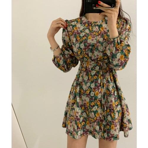 Alien Kitty Floral Print Vintage Elegant Dress Women Korean Style Sexy Chic Office Lady Slim Long Sleeve Women Dresses Vestidos