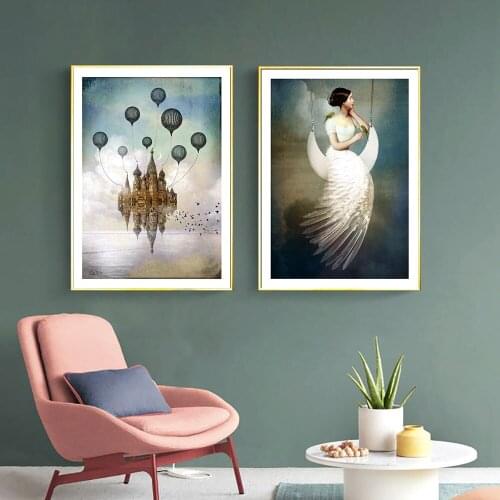 Vintage Style Castle Canvas Poster Beauty Viewscape Hot Air Balloon Wall Art Print Painting Living Room Decoration Picture