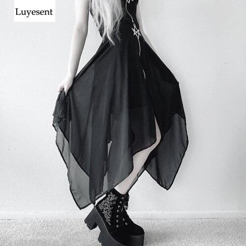 Black Dark Goth Women Mesh Irregular Long Skirts 2020 Lolita Lady Coldness Metal Hexagonal Star Zipper Gothic Hipster Goth Skirt