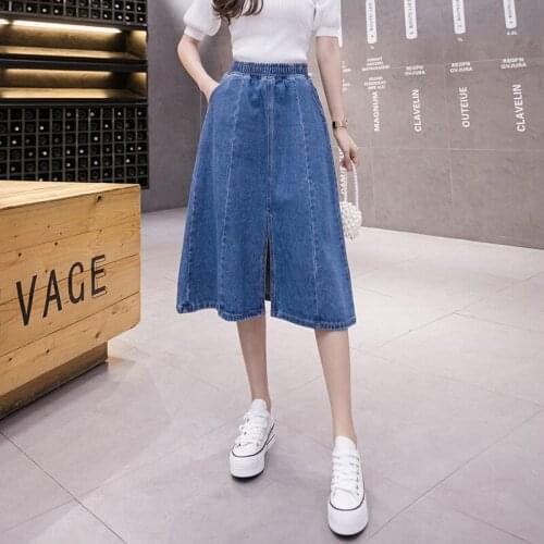 2021 Women Plus Size 5XL Elastic Waist Denim Skirts Casual High Waist Classic Fashion Pockets Loose Split Jeans Skirt Female