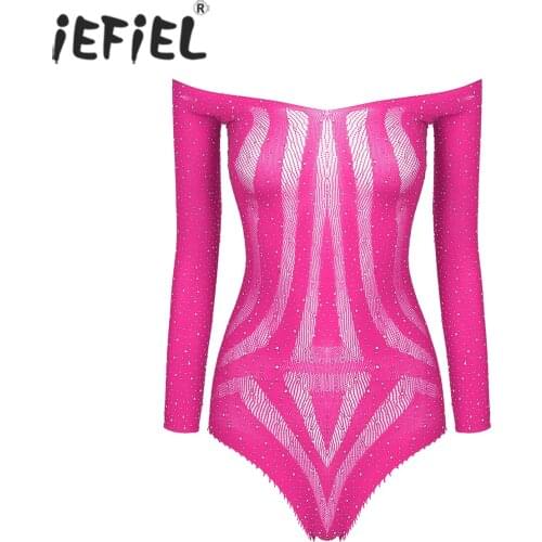 Women Rhinestone Off Shoulder Bodysuit Outfits Ladies Skinny Long Sleeve Mesh Sheer Exotic Jumpsuit Sexy Backless Lingerie Sets