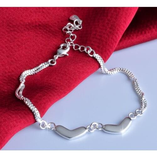 Elegant Fashion Wedding Bracelet 925 Sterling Silver Chunky Chain Double Heart Bracelets for Women Girl Bride Best Gift