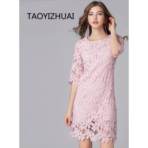 TAOYIZHUAI 2019 New Arrivals Spring Sweet Style Flare Sleeves O-Neck Plus Size Above Knee Pink Hollow Out Lace Women Dress 11832