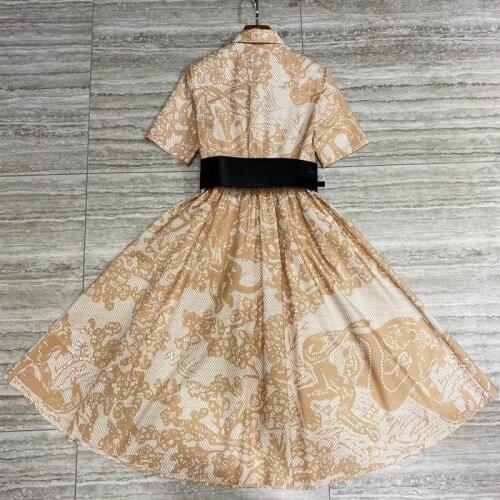 High Quality 100% 2021 Cotton Women Runway Fashion Shirt With Belt Yellow Black Dots Print Elegant Dress