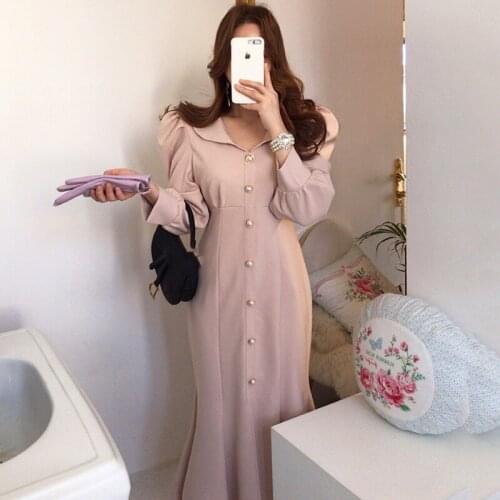Korean Chic Temperament Slim High Waist Black Puff Long Sleeve Mermaid Dress Women Turn Down Collar Elegant Autumn Vestidos