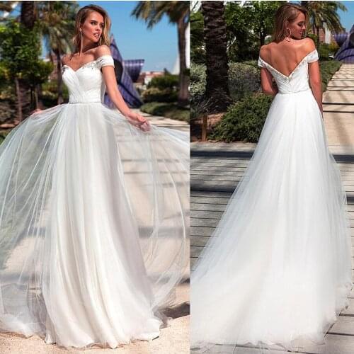 Fabulous Tulle Beading Off-the-shoulder Neckline A-line Wedding Dresses vestido de noiva simples Bridal Gowns