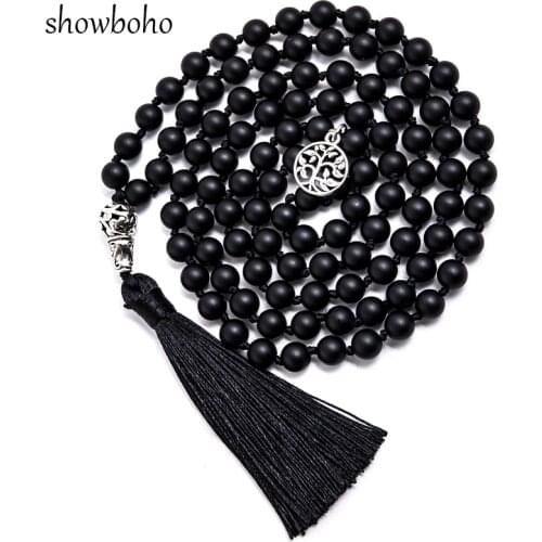 8mm Matte Black Agate Beads Knotted 108 Mala Necklace Meditation Yoga Declaration Tibetan Tassel Tree of Life Pendant Jewelry