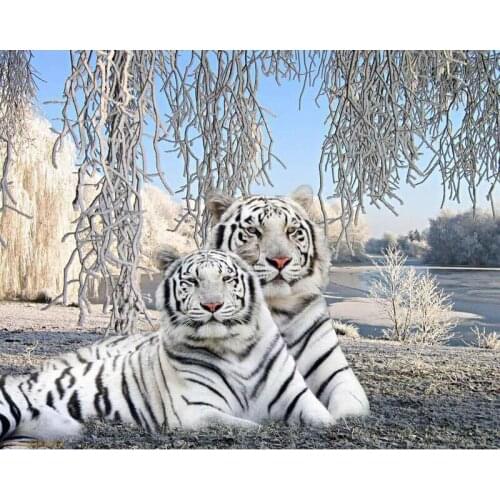 100% Full Square / Round Drill 5D DIY Diamond Painting two white tigers 3D Embroidery Cross Stitch mosaic Home Decor Gift GH588