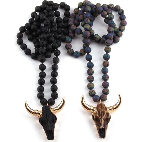 Free Shipping Fashion Multi / Black Lave Stone Long Knotted Horn Pendant Necklace
