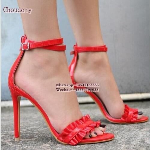 Brand Pink Red Black Suede Ruffles Women Sweet Sandals Open Toe Ankle Strap Stiletto High Heel Shoes Party Street Sandals Shoes