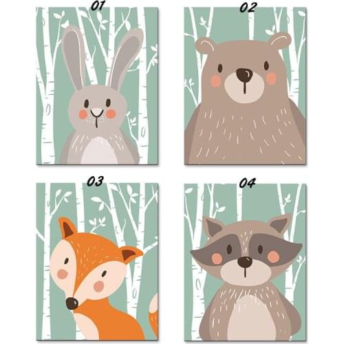 Decorative Painting Lovely Cartoon Animal Gray Bottom Green Base Cute Animal Rabbit Fox Bear Painting wall pictures