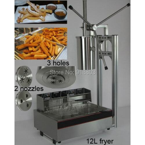3 in 1) 5L Manual 3 Solid Holes Churros Maker Machine with Cutter + Working Stand + 12L 110v 220v Electric Deep Fryer
