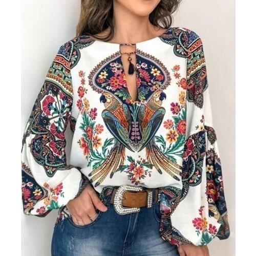Hot Plus Size Women Boho Top Vintage Shirt Blouse Floral Printed Lantern Sleeve V Neck Office Lady Flower Hollow Fashion Female