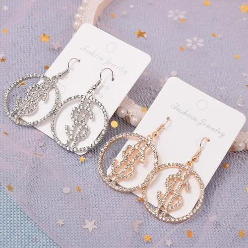 Personality Rhinestone Dollar Icon Shape Hanging Shiny Dangle Exaggerated Womens Earrings Prevent Allergy Quality Ear Nail 2021