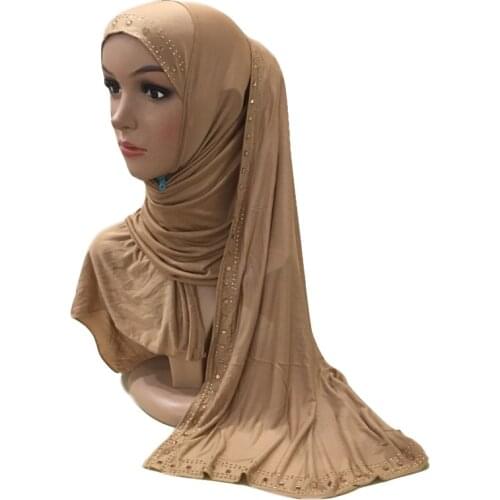 One Loop Ice Silk Instant Muslim Hijab Cap Headwear Wraps Scarf Ore Rhinestones Islamic Turban Modest Headcover S size 160X50CM