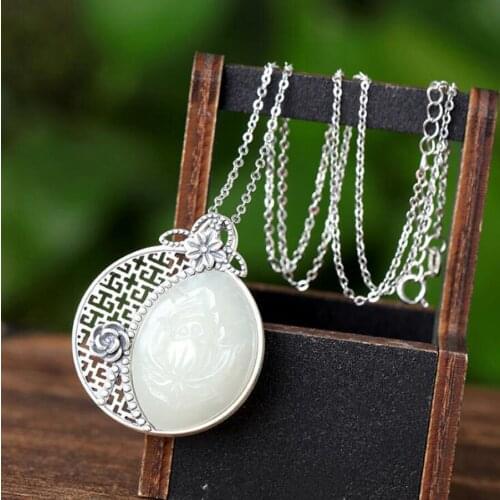 Real S925 Silver Hand-inlay Natural Hetian White Jade Carving Rose Theme Pendant Lucky Women Ornaments+Free Necklace+Gift Box