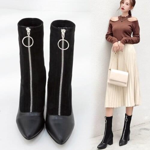 Sexy pointy toe thick high heels Chelsea boots brand splice patchwork riding booties trend front zip single shoes women footwear