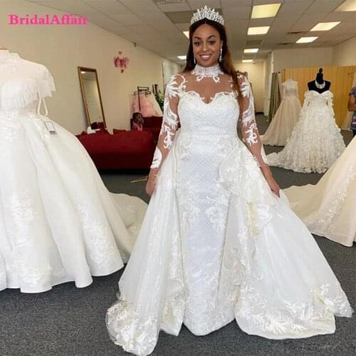 2021 Fashion Mermaid Wedding Dresses With Detachable Train High Neck Long Sleeve Illusion Appliques Sequin Court Bridal Gowns