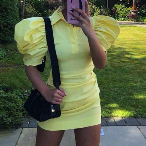 Puff Sleeve Turn Down Collar Dresses Women Fashion Pullover Mini Dress V Neck Elegant Short Summer Bodycon Dresses Female