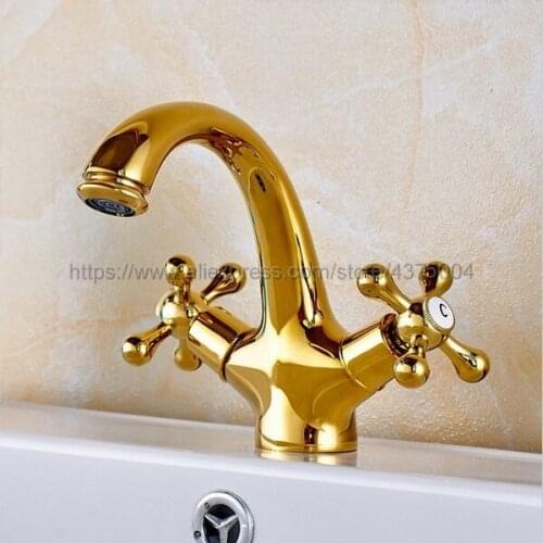 Polished Gold Bathroom Basin Faucet Hot Cold Mixer Tap Double Handle Basin Tap Mixer Tap Nnf269