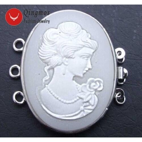 Qingmos 30*40mm White Oval Cameo Beauty Head Design Clasp 3 Strands Craft Clasp Accessories for Jewelry Making Necklace gp123