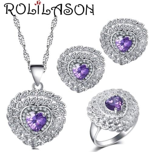ROLILASON Wedding heart-shaped design purple zircon silver Earrings Necklace Rings Jewelry Sets USA size #6#7#8#9#10 JS724