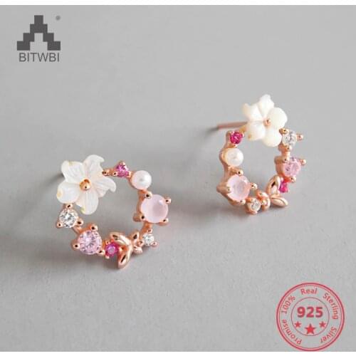 S925 Pure Silver Luxury Zircon Pearl Shell Crystal Sweet Wreath Earrings For Women Allergy-proof Romantic Jewelry