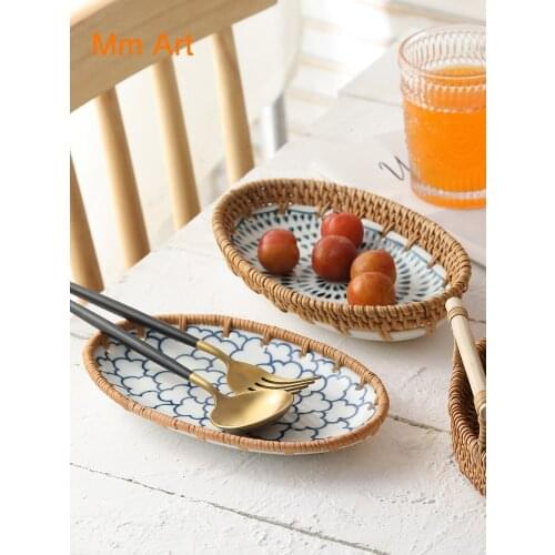 Rattan Fruit Plate Ins Style Japanese Ceramic Fruit Plate Nordic Retro Snack Tray