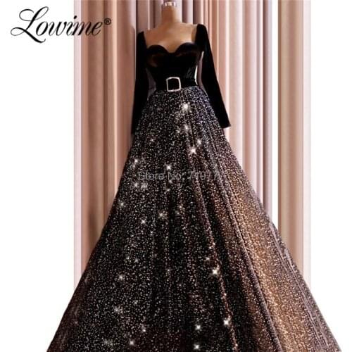 Vintage Black Muslim Evening Dresses Abendkleider Glitter Shiny Arabic Party Dress With Long Sleeves 2019 Custom Made Prom Dress