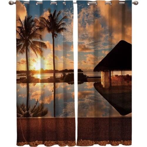 Beach Sunset Coconut Tree Sea Window Curtain Living Room Decorative Curtain Panel Blackout Curtains for The Bedroom