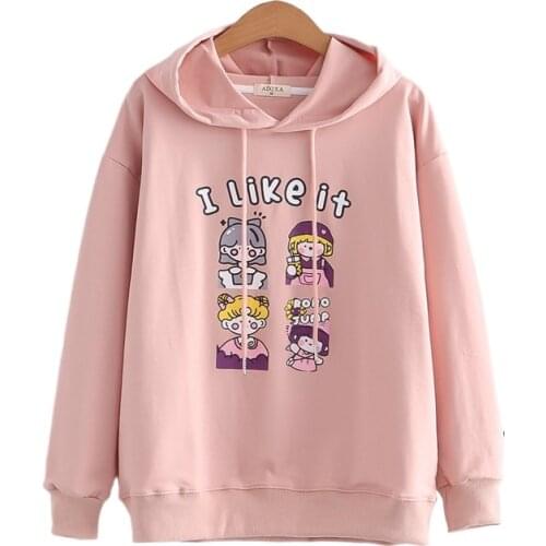Pink Graphic Print Harakuju Women Hoodies 2021 Autumn Sweet Style Long Sleeve Hooded Sweatshirt Cotton Drawstring Kawaii Tops