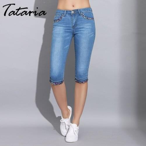 Tataria Denim Skinny Capris Pants for Women Stretch Fashion Polka Dot Jeans Women Elastic Knee Length Womens Jeans Female