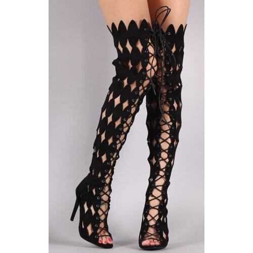 Free Shipping Women Fashion Open Toe Lace-up Over Knee Gladiator Boots Pieces of Leaves Cut-out Long High Heel Boots Dress Shoe