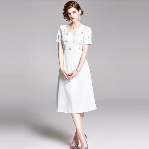 2021 New Fashion Summer Short Sleeve Runway Dress Women Gorgeous Beading Vintage Elegant Dresses vestidos Solid color